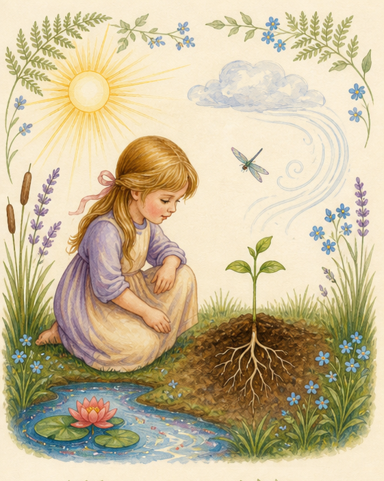 Watercolor of a child observing sunlight, water, soil, air, and a growing seedling